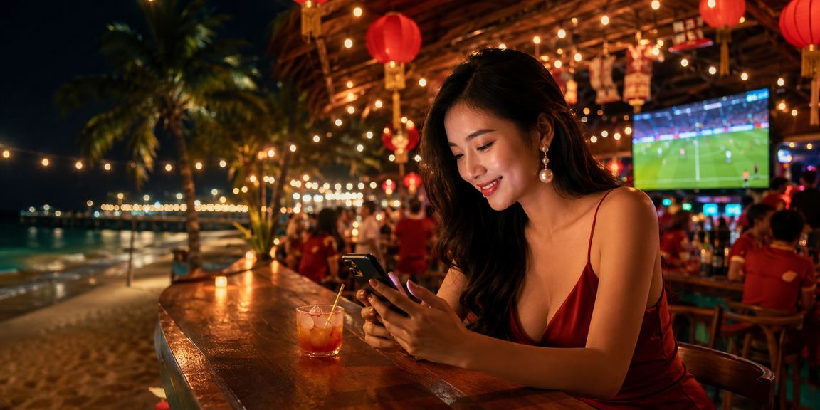 Người chơi tại bãi biển Phú Quốc thử tựa slots mới trên điện thoại trong buổi chiều thư giãn